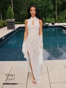 MISSGUIDED X Carli Bybel 高領蕾絲長洋裝，前胸開孔設計、大腿開衩，正式晚宴婚禮賓客貼身無袖白色透視洋裝 - 白色 - 查看 2