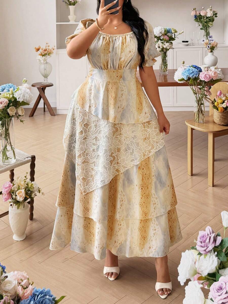 Modelyn 隨機花卉印花拼接刺繡網紗優雅浪漫法式風格方領分層蛋糕裙修身大碼女裝洋裝 - 彩色 - 查看 1