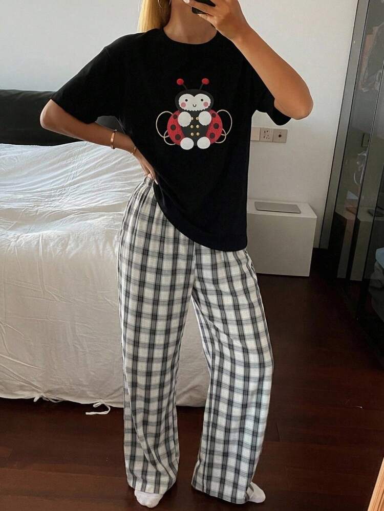 Women's Cartoon Print Short Sleeve Top & Plaid Long Pants Pajama Set