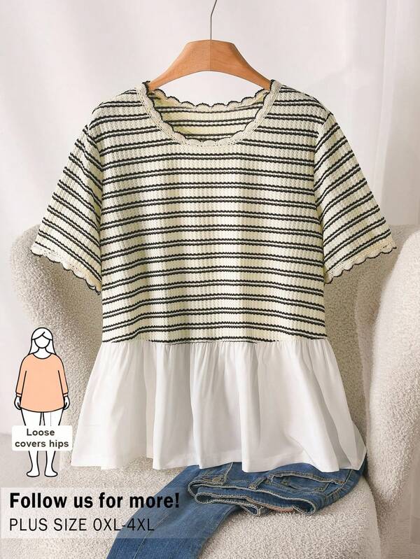 CosyJoli Plus Size Women's T-Shirt, Striped Loose Short Sleeve Top, Casual Women's Clothing Casual Casual Daily Going Out T-Shirt For Women Casual Homewear