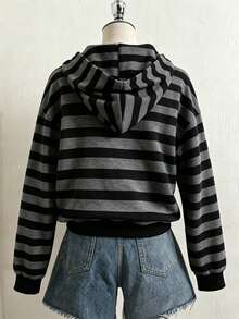 SHEIN Sparklyn 秋冬女童英文印花連帽拉鍊外套，黑色字母印花街頭風休閒 Y2K，防寒針織面料，適合上學穿著 - 黑色 - 查看 3