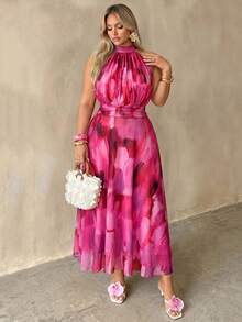 Auralis Plus Size Spring/Summer Sleeveless Mock Neck Brush Art Pastel Pink Print Mesh Ruched Multi-Layer Hem Backless Midi Dress For Women 70's Evening - Hot Pink - View 1