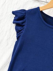 Conjunto para niñas con top de cuello redondo y mangas volantes de textura acanalada suave, combinado con pantalones de pierna ancha con estampado barroco de porcelana azul y blanca, mismo esquema de color para un aspecto de alta gama y armonioso, top corto + pantalones de cintura alta, crea fácilmente una proporción corporal 3:7, tono azul refrescante y brillante - Azul - Ver 7