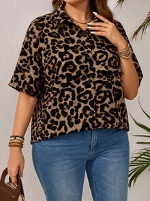EMERY ROSE Women's Plus Size Loose Short Sleeve Casual Open Front Shirt With Retro Leopard Print, Suitable For Spring And Summer - Multicolor - View 6