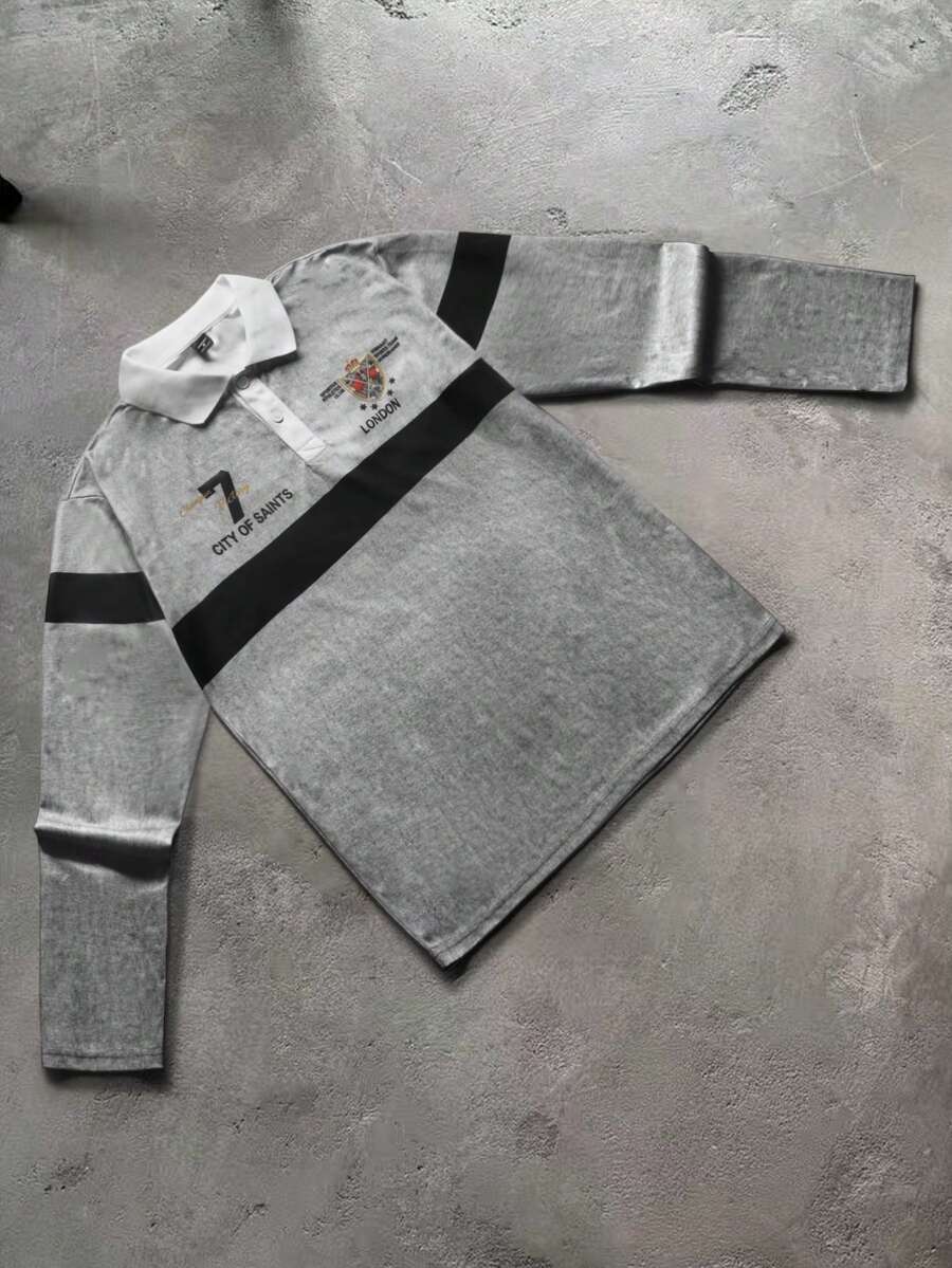 STYNVO 男士字母數字印花拼接休閒百搭長袖 Polo 衫,適合日常穿著 - 灰色 - 查看 1
