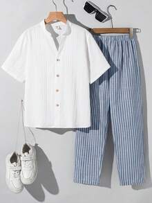 SHEIN Kids Tween Boy Woven Solid Color Casual Shirt And Striped Long Pants 2-Piece Set, Suitable For Outings, Play, Vacation, Street Style, Party, City Walk - Multicolor - View 4