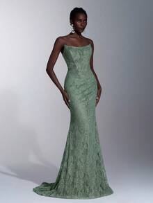 Elitara Elegant Romantic Lace Strapless Mesh Sheer Bodice With Boning, Exquisite Heavy Beading, Ruched Waist, Back Hip Gathering For Butt Lift Effect, Mermaid Style Extra Long Train, Suitable For Date, Red Carpet, Wedding Events And All Formal Occasions, Bridal Wedding Dress Gown - Green - View 5