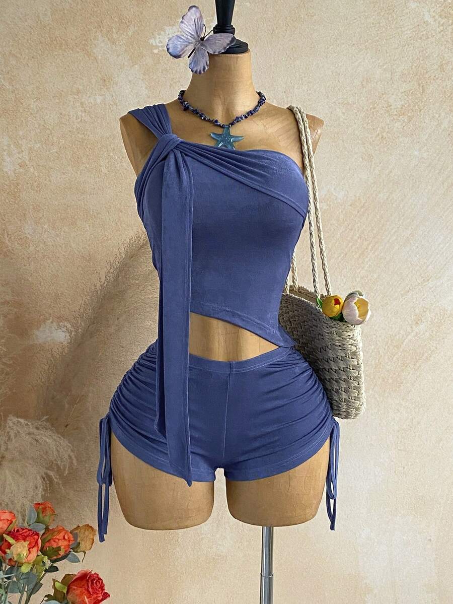 Soleia 女士纯色褶皱肩部上衣和短裤休闲两件套 - 藍色 - 查看 1