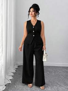 SHEIN Tall CURVE Conjunto Plus Size Feminino 2 Peças Elegante Cor Sólida Decote em V Colete Blazer Sem Mangas e Calça Longa Reta, Adequado para Uso Profissional e Deslocamento - Preto - Visão 3