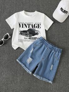 SHEIN 2er Set Kinder Lässig Vielseitig Bequem Amerikanisches Vintage Auto Muster Rundhals Lockerer Pullover Kurzarm Strick T-Shirt & Denim Shorts Set, Geeignet für Sommer - Verschiedenfarbig - Übersicht 10