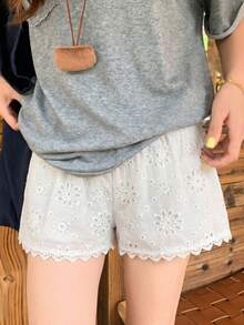 K-Vae Women's Spring/Summer Casual Vacation Embroidered Fabric Patchwork Lace Elastic Waist Shorts, Women's Summer Vacation Shorts, Women's Beach Shorts - White - View 3