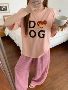 DAZY 2pcs/Set Women's Summer Pajama Set, Loose Short Sleeve T-Shirt With English Graphic Print & Striped Straight Leg Long Pants - Pink - View 4