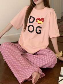 DAZY 2pcs/Set Women's Summer Pajama Set, Loose Short Sleeve T-Shirt With English Graphic Print & Striped Straight Leg Long Pants - Pink - View 7