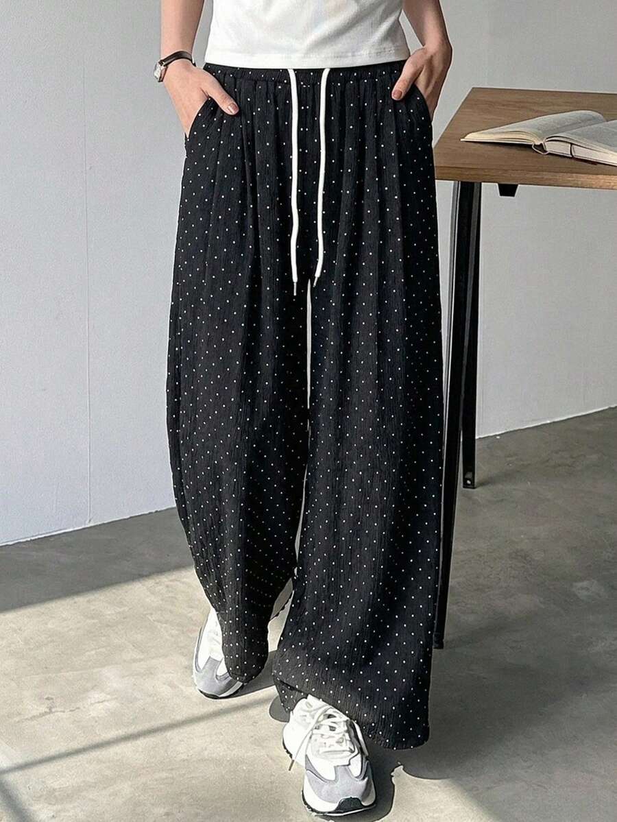 FRIFUL 女款休閒寬鬆圓點印花直筒長褲 - 黑色 - 查看 1