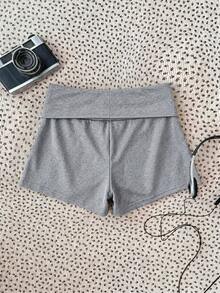 SHEIN Tween Girl Knit Equestrian Print Waist Fold Casual Shorts - Grey - View 2