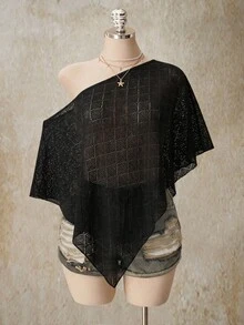 SHEIN ICON 大尺碼女款不對稱肩設計休閒百搭日常上衣 - 黑色 - 查看 3