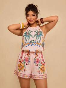 Travachic Plus Size Women's Tropical Palm Tree Print Romper - Multicolor - View 3