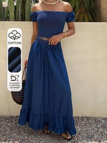 DAZY Women's Off-Shoulder Tight Crop Top And A-Line Denim Skirt Set, Spring/Summer - Blue - View 1
