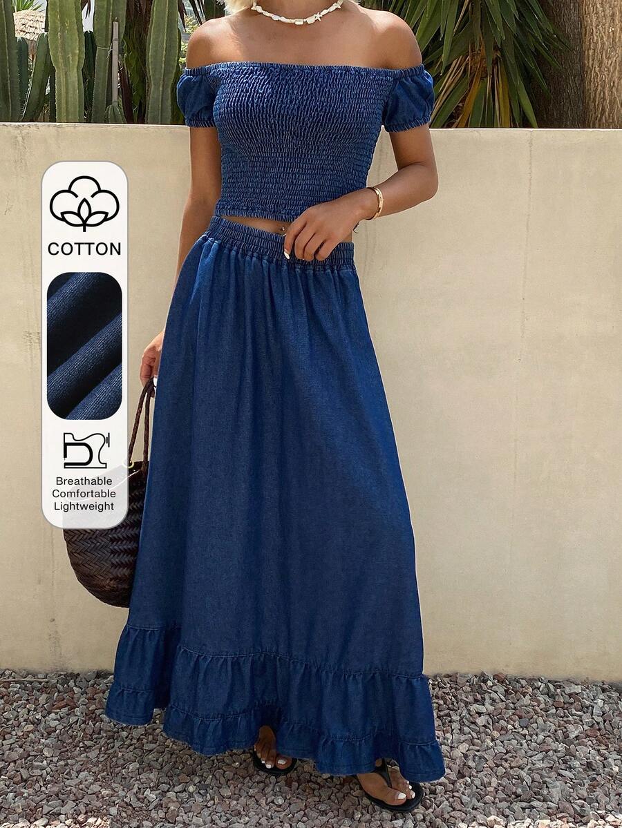 DAZY Women's Off-Shoulder Tight Crop Top And A-Line Denim Skirt Set, Spring/Summer - Blue - View 1