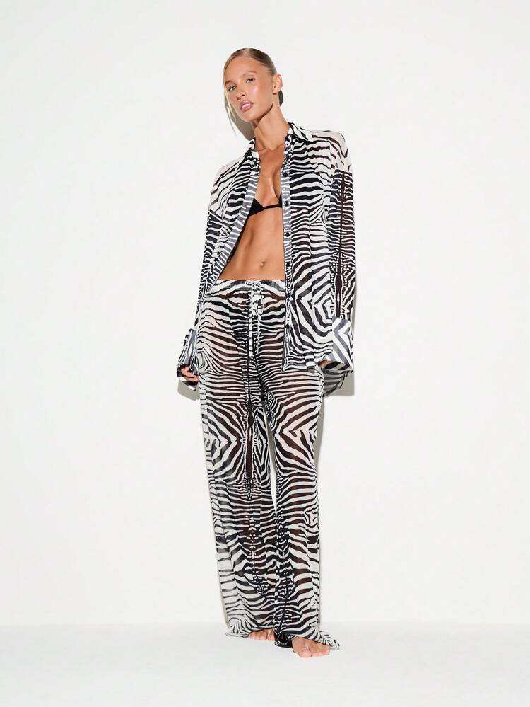 Sheer Wide Leg Trouser With Zebra Print