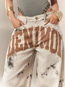 Denimoi Denim Verbiage Washed Straight Leg Jeans Fashionable Streetwear Statement Jeans Washed Jeans - Grey - View 4