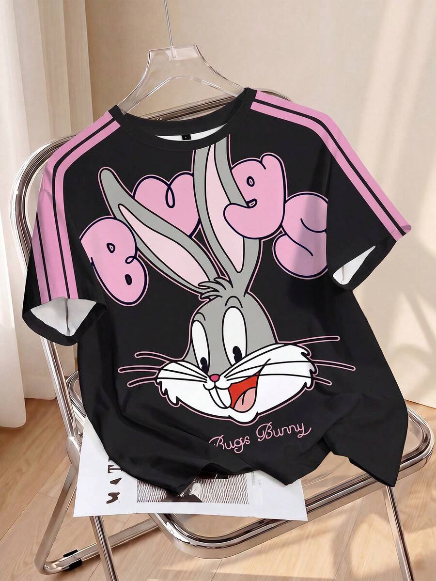 LOONEY TUNES X SHEIN 女士圆领卡通字母印花休闲百搭日常短袖T恤 - 白色 - 查看 1