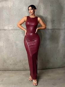 SHEIN ICON Robe longue élégante en PU à col rond et taille cintrée pour femmes, pour soirée - Rouge foncé - Voir 4