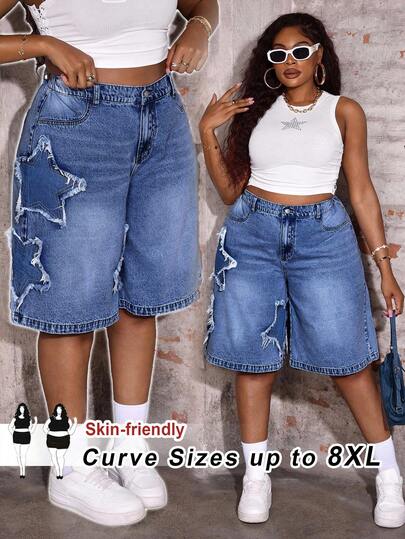 SHEIN CURVE+ 大尺碼女款時尚星星貼花百慕達高腰牛仔短褲 正式外出沙灘藍色夏季休閒寬鬆 80年代風