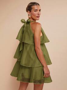 COSMINA Women's Multi-Layer Ruffle Halter Elegant Sleeveless Mini Dress,Valentine's Day,Party,Sage Dress - Green - View 6