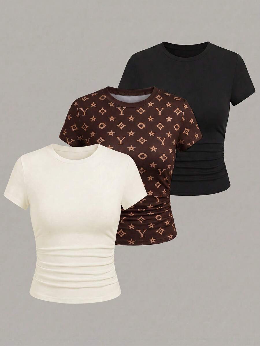 Qadelle Women Side Ruched Slim T Shirt, Stretch Crew Neck Crop Y2K Basic Top 3 Colors - Multicolor - View 1