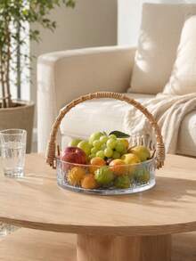 Madebyblanc 1PC Multi-Functional Glass Fruit Bowl With Rattan Handle - Durable Hammered Glass Basket, 3-In-1 Fruit Holder Snack Tray Ice Bucket, Space-Saving Kitchen Organizer, Heat Resistant Serving Dish, Perfect For Home Kitchen Bar Office - Multicolor - View 3