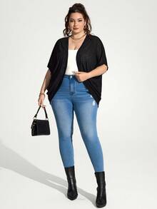 Enliva Jolene.Mendez Plus Size Vacation Solid Color Asymmetric Hem Batwing Sleeve Casual Jacket,Spring/Summer, For Apple Rounded Body Shape - Black - View 7
