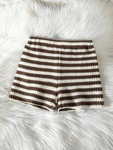 Girls Casual All-Match Versatile Daily Home Wear Folded Double Waistband Striped Knit Fitted Shorts - Brown - View 6