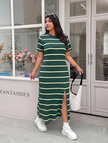 Solflare Dark Green Striped Split Short Sleeve Plus Size Dress - Dark Green - View 4