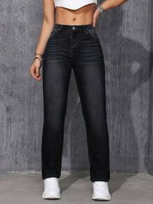 SHEIN ICON Women's Fashion Versatile Pocket Button Casual Denim Jeans - Black - View 6