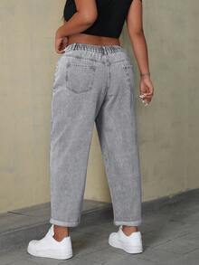 SHEIN ICON Plus Size Women's Washed Carrot Leg Jeans, Simple Everyday Design With Pockets - Grey - View 2