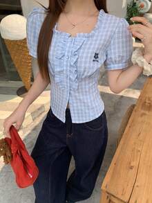 DAZY 女款修身泡泡袖格紋印花襯衫，附荷葉邊飾，適合夏季校園穿搭 - 藍色 - 查看 4