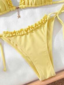 Elavelle Spring/Summer Women's Solid Color Halter Neck Ruffle Bikini Set - Yellow - View 6