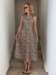 SHEIN LUNE Retro Leopard Print Round Neck Sleeveless Fitted A-Line Midi Dress - Multicolor - View 6