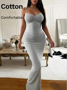 SHEIN SXY Women's Solid Color Pleated Elegant Sexy Bandage Casual Minimalist Party Going Out Golf Night Out Long Strap Dress Pastal Summer Gray - Grey - View 10