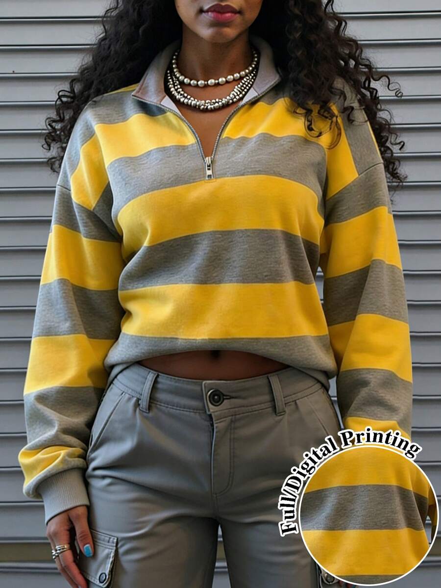 Rovax Sudadera casual de mujer de manga larga con hombros caídos y cremallera, de estilo holgado y a rayas - Blanco - Ver 1
