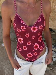 Swim Vcay 2026 New Pink Floral Print Adjustable Shoulder Strap Camisole One-Piece Swimsuit, Sexy Tropical Slimming Backless Triangle Racing Bikini, Summer Beach - Multicolor - View 3