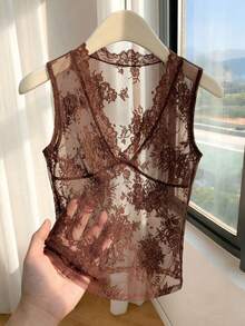 SHEIN Franclia Women's Fashion Elegant Sexy Casual Sleeveless V-Neck Lace Semi-Sheer Camisole Tank Top, Club Vacation Party Brown Floral Summer - Brown - View 4
