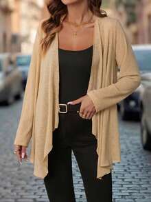 Gownix Long Sleeve Cardigan Autumn Sun Protection Shirt Essential Early Autumn Thin Outerwear Mid-Length Asymmetrical Shawl Office Tan Casual - Khaki - View 6