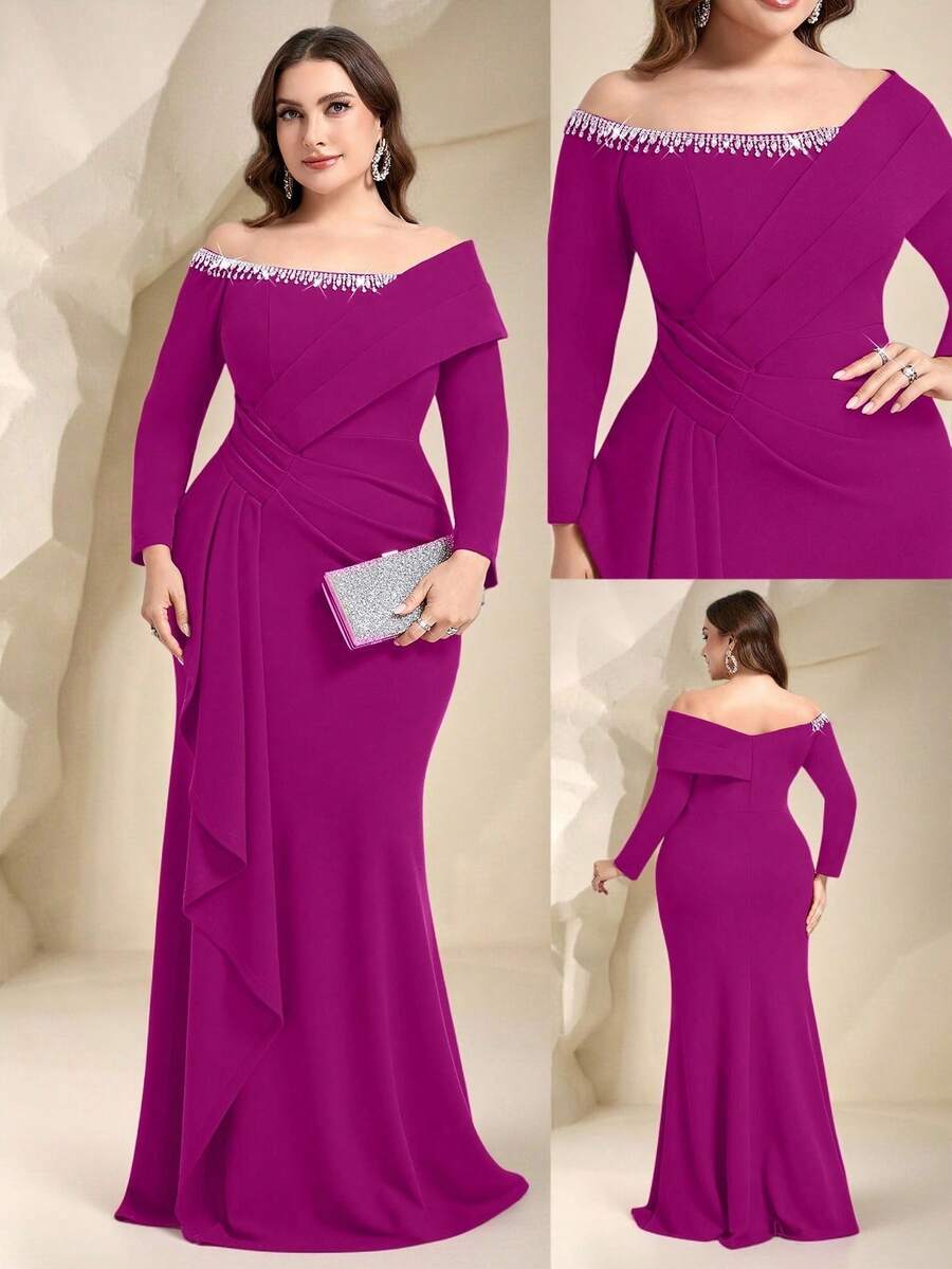 Coutiva Plus Size Women's Off-Shoulder Formal Evening Gown (Heavily Embellished) - Hot Pink - View 1