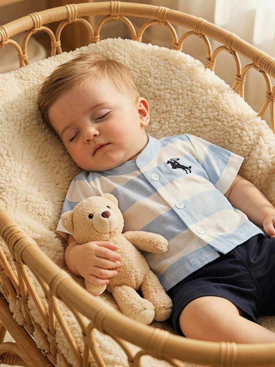 Souflis Souflis Newborn Striped Top And Solid Color Shorts Set - Blue and White - View 1