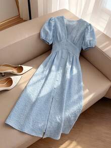 Selianne Women's Spring/Summer French Romantic Sicilian Exquisite Elegant Casual Commute Vacation Afternoon Tea Party Solid Color Jacquard Textured Fabric V-Neck Decorative Button Hem Split Back Waist Elastic Lantern Sleeve Short Sleeve Long Dress - Blue - View 3
