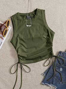 Comfortcana Knitted Casual Plus Size Women's Solid Color Side Drawstring Tank Top - Army Green - View 1