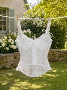 CovetEZ Floral Print Lace Patchwork Underwire Bow Decor Molded Cup Camisole Top - White - View 8