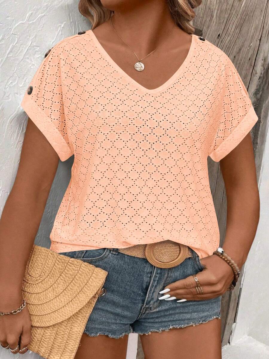 EMERY ROSE Camiseta de mujer nueva primavera/verano casual de cuello en V, manga corta con puño enrollado, botones en los hombros, color de contraste, talla grande - Naranja - Ver 1